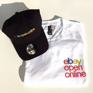eBay Open Online T-shirt White size M and Baseball Cap Black Adjustable Pin